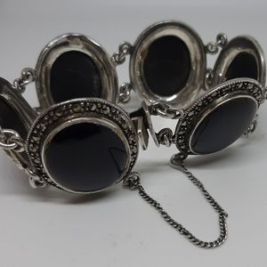 Vintage Onyx & Marcasite Silver Bracelet
